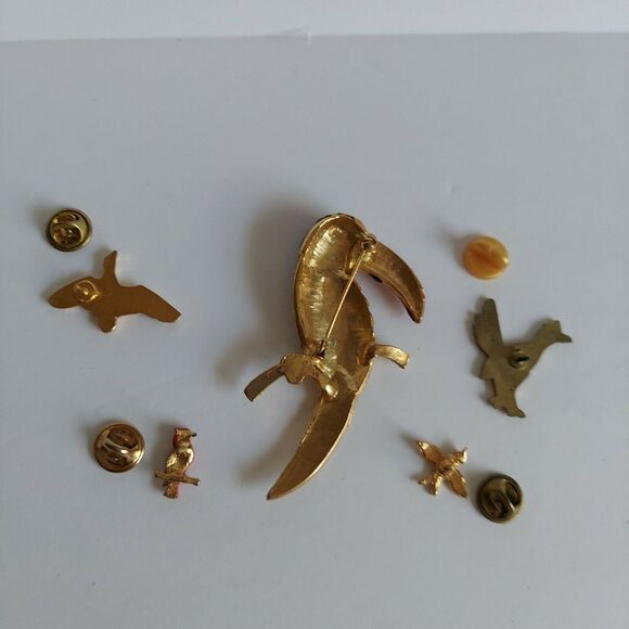 5 Bird Pins Lot Rhinestone Toucan Enamel Roadrunner Bluebird Red Parrot Brooch - Picture 2 of 8